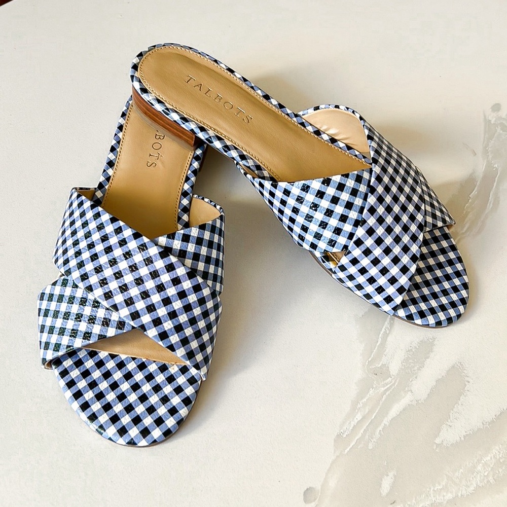 Talbots Sailor Gingham Checked Criss Cross Blue and White Slides Sandal Womens 7